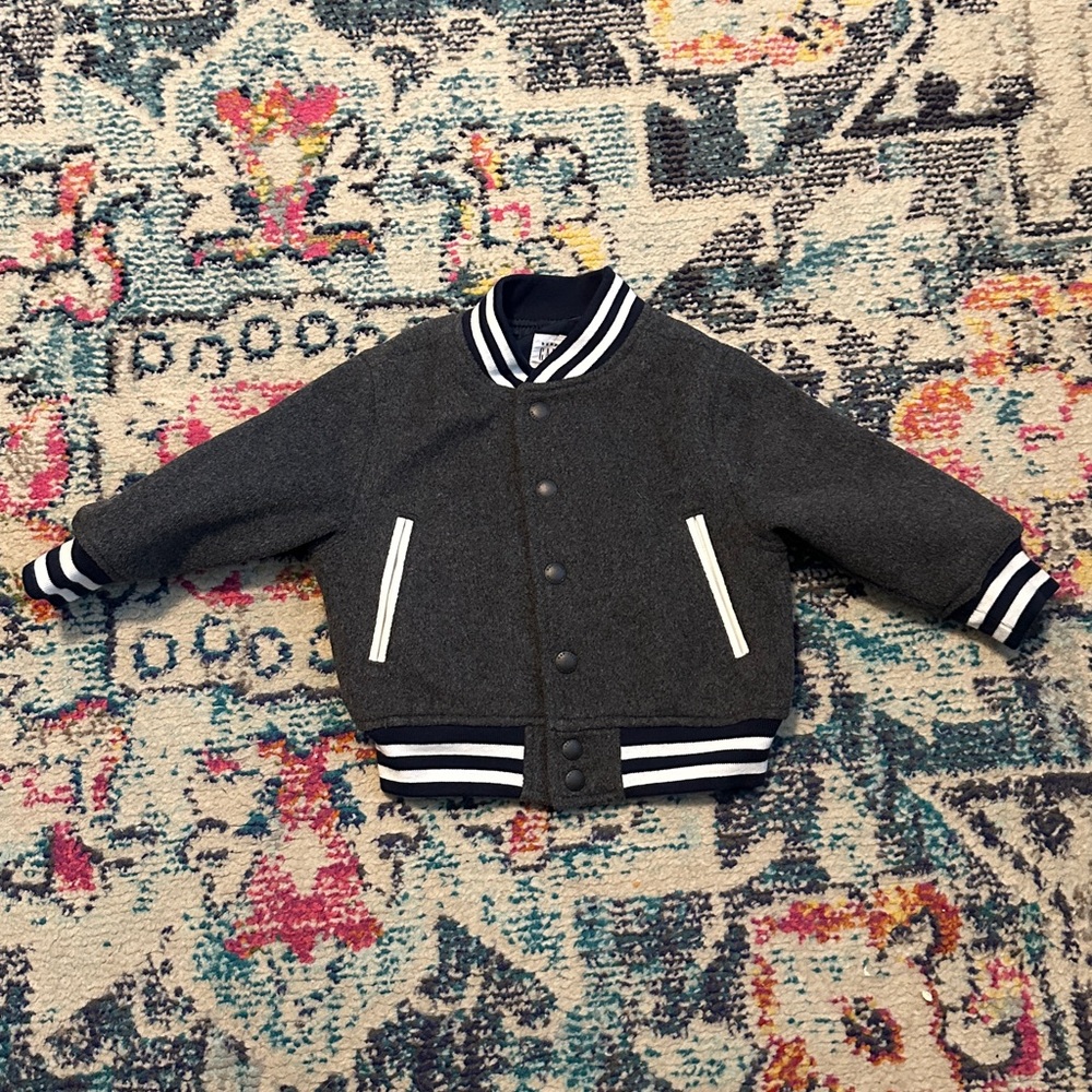 Baby Gap Varsity Bomber Gray Navy and White Wool Blend Jacket Sz 12-18m